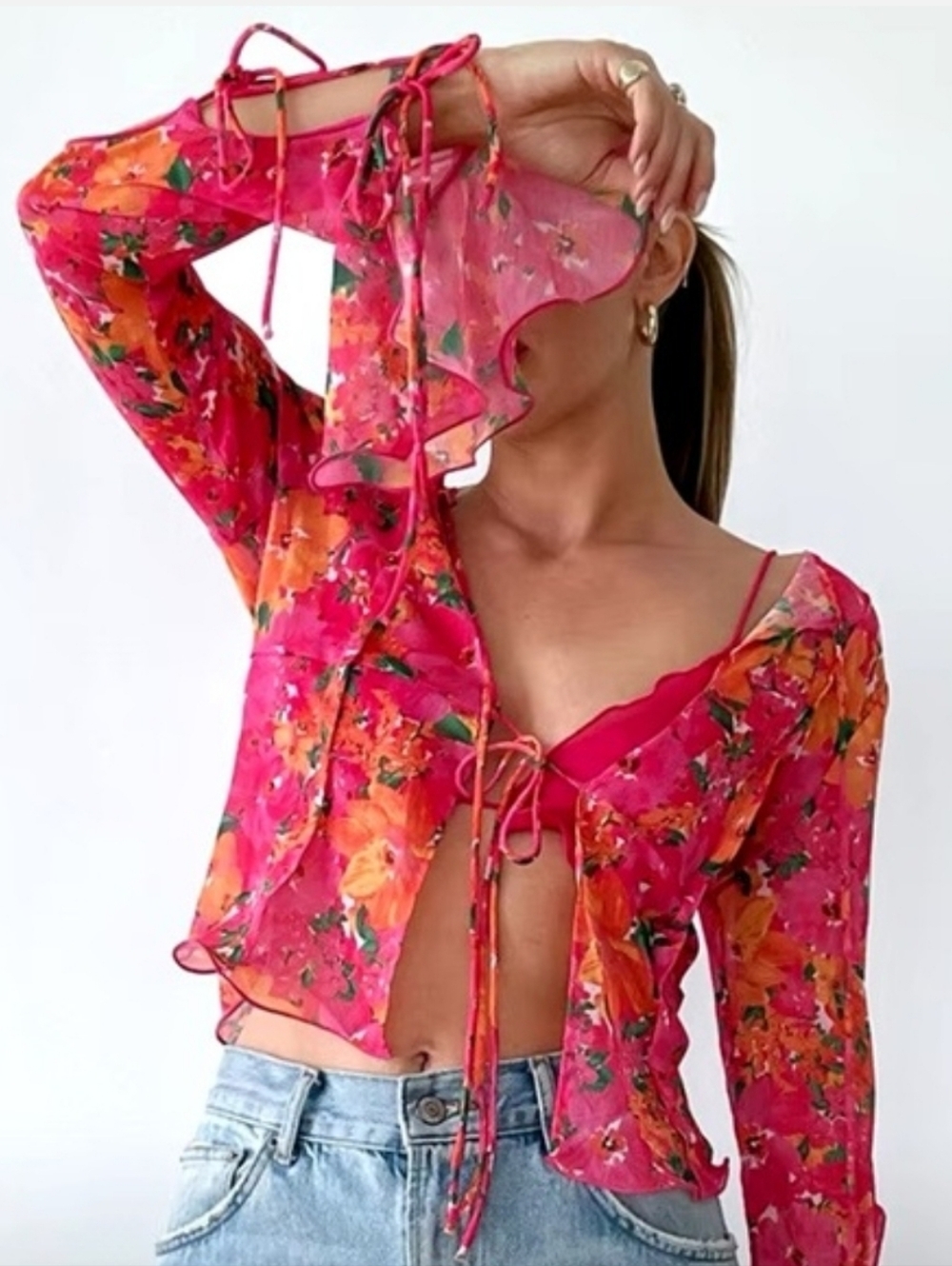Rumored East End Top In Electric Begonia Floral Tie-Front Babydoll Bell Sleeve